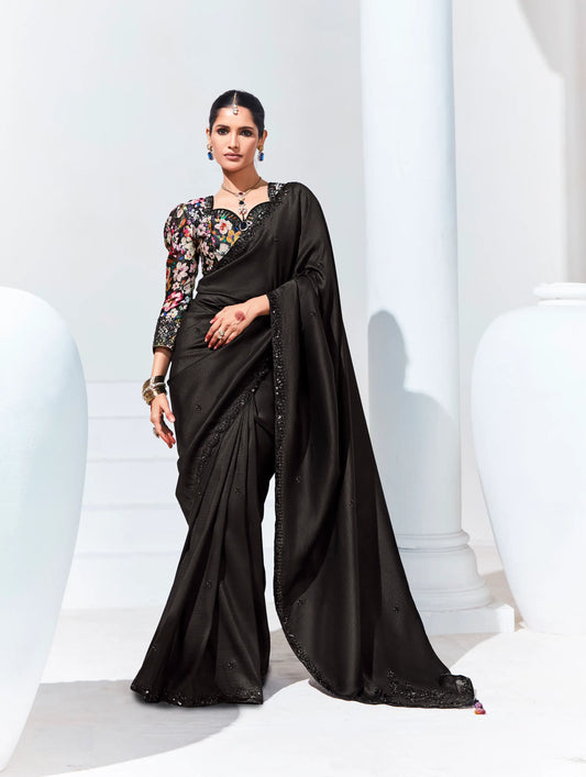Black Glass Organza Saree With Digital Print,  Sequence & Thread Embroidery Work