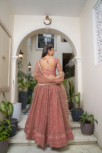 Rust Brown Net Lehenga Choli With Cotton Thread Work & Sequence Embroidery Work