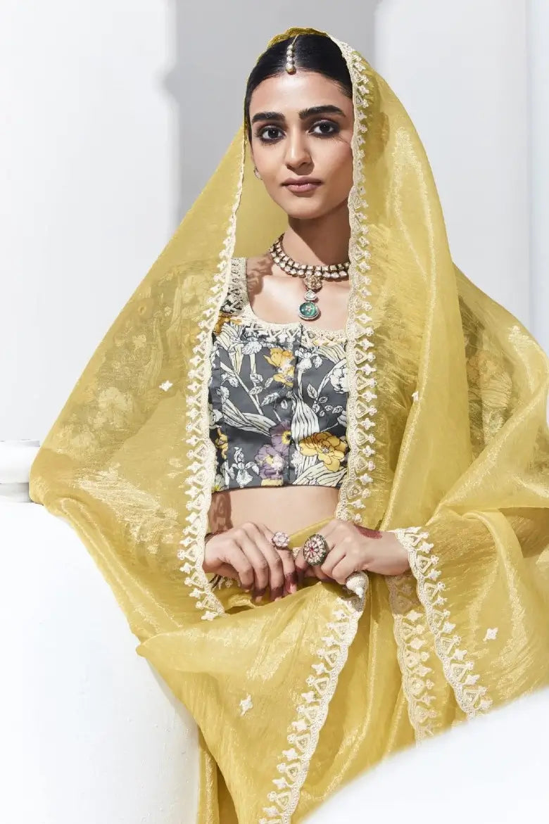 Lime Yellow Glass Organza Saree With Digital Print,  Sequence & Thread Embroidery Work