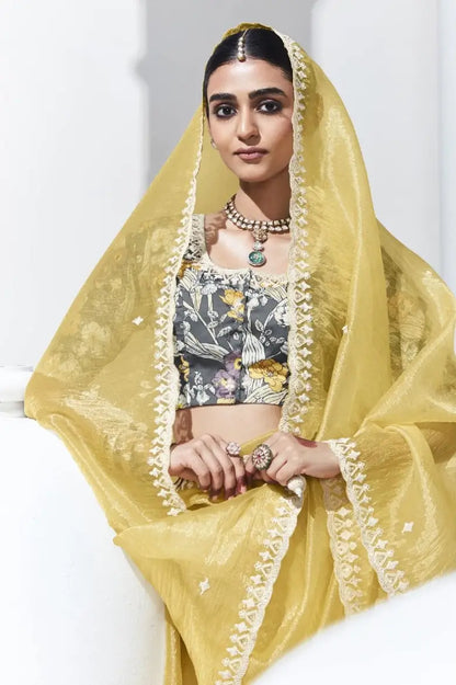 Lime Yellow Glass Organza Saree With Digital Print,  Sequence & Thread Embroidery Work