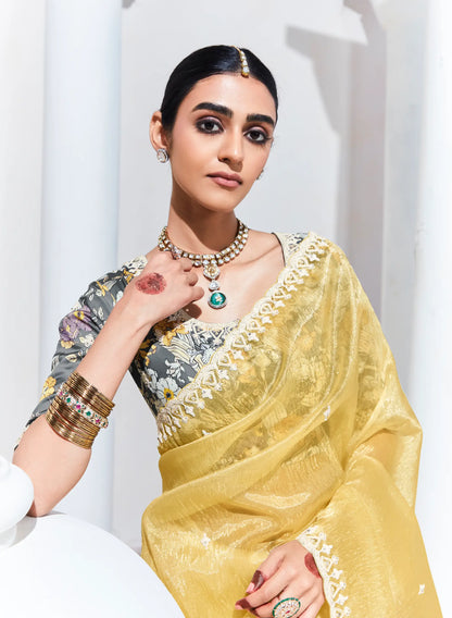 Lime Yellow Glass Organza Saree With Digital Print,  Sequence & Thread Embroidery Work