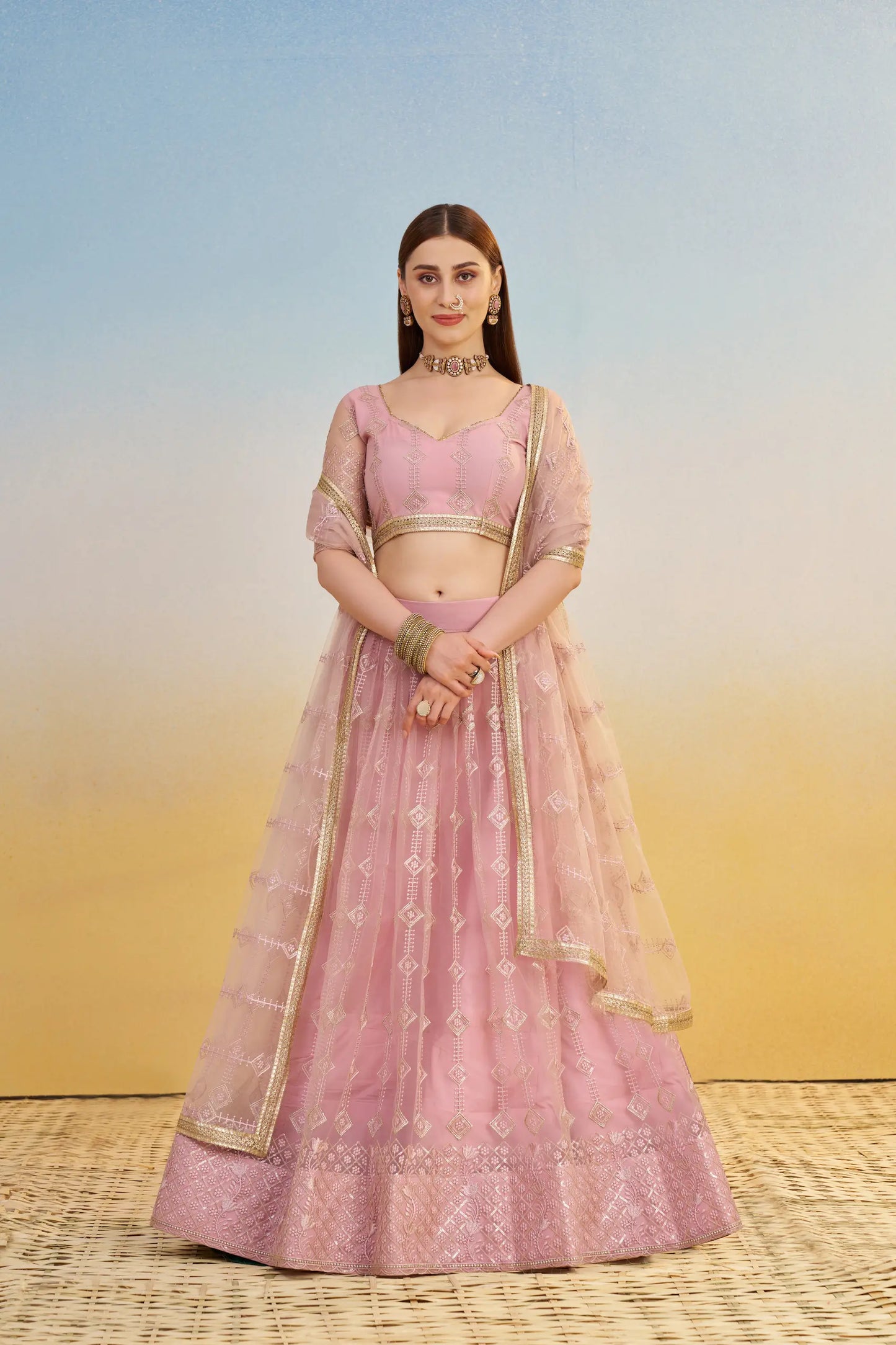 Light Pink Net Lehenga Choli With Thread & Sequins Embroidery Work