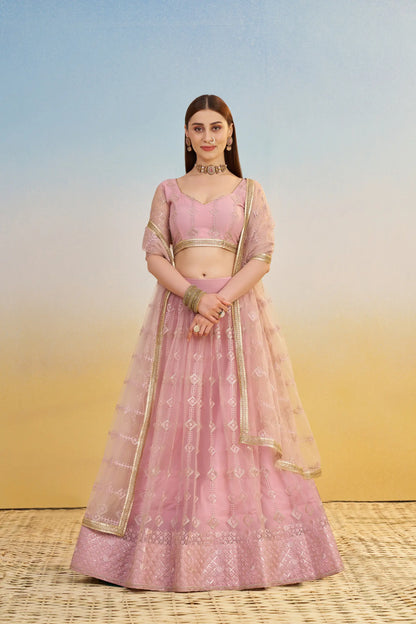 Light Pink Net Lehenga Choli With Thread & Sequins Embroidery Work