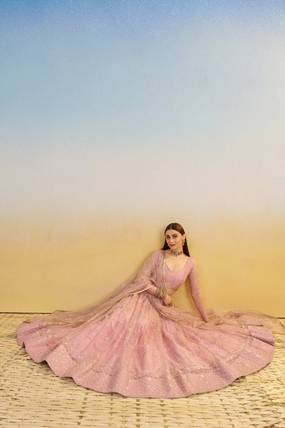 Light Pink Net Lehenga Choli With Thread & Sequins Embroidery Work