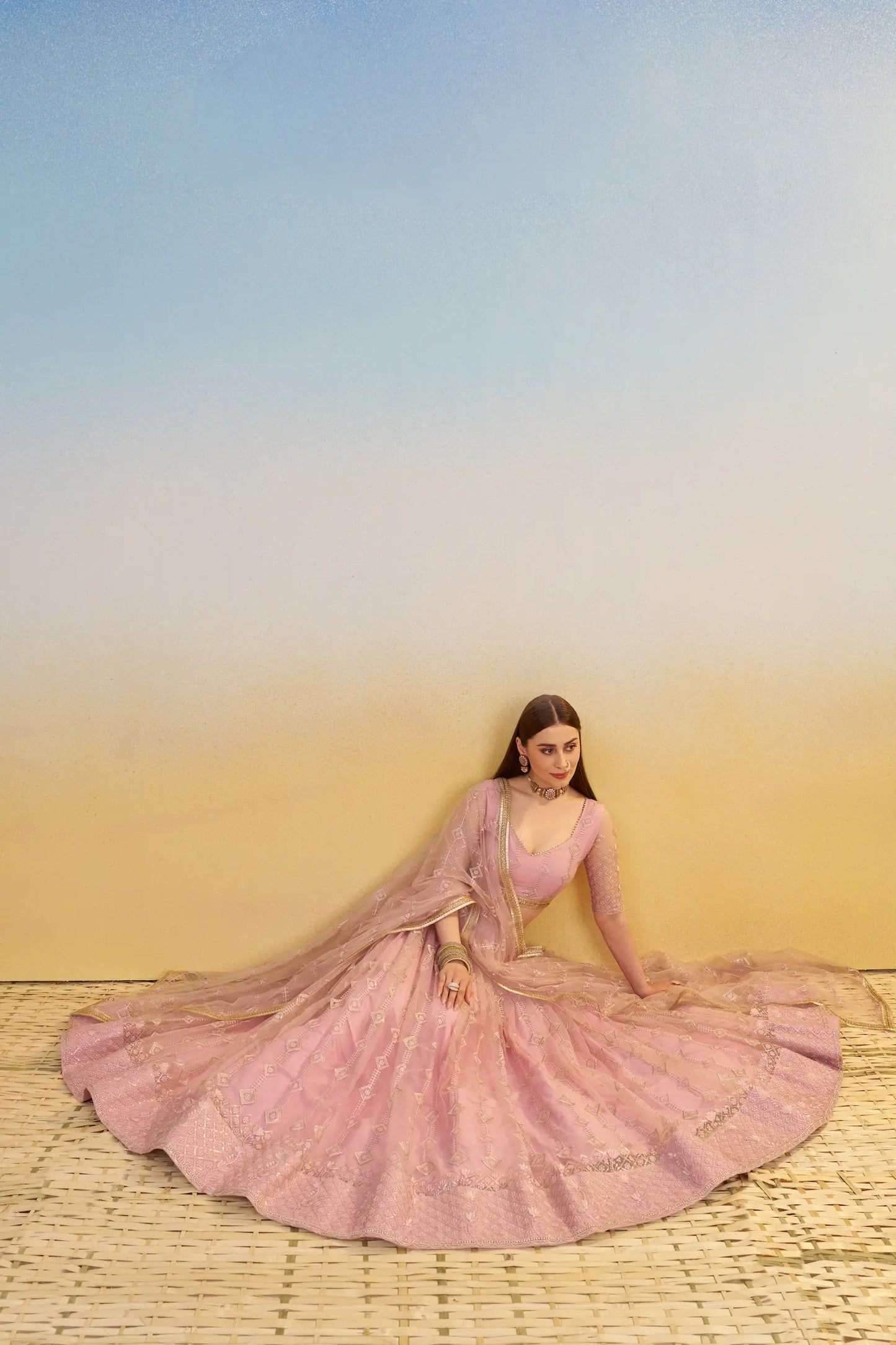 Light Pink Net Lehenga Choli With Thread & Sequins Embroidery Work