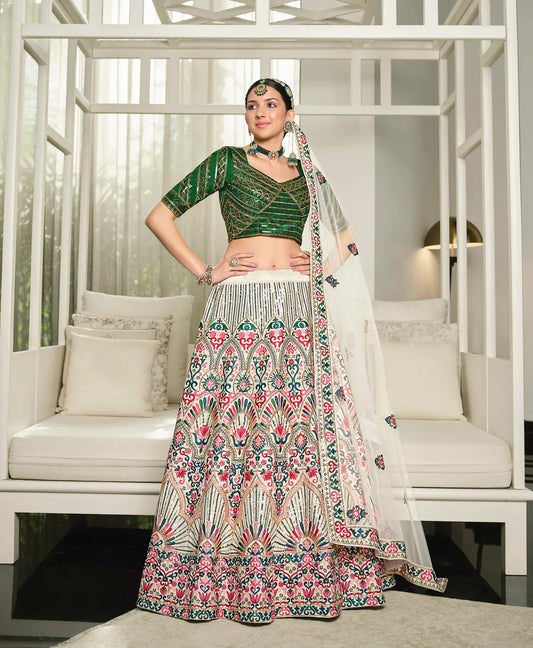 White-Green Silk Thread with Sequence Embroidery Work Lehenga Choli
