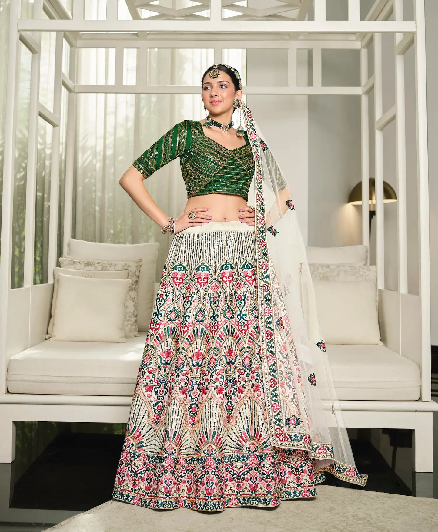 White-Green Silk Thread with Sequence Embroidery Work Lehenga Choli