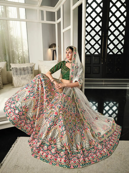White-Green Silk Thread with Sequence Embroidery Work Lehenga Choli