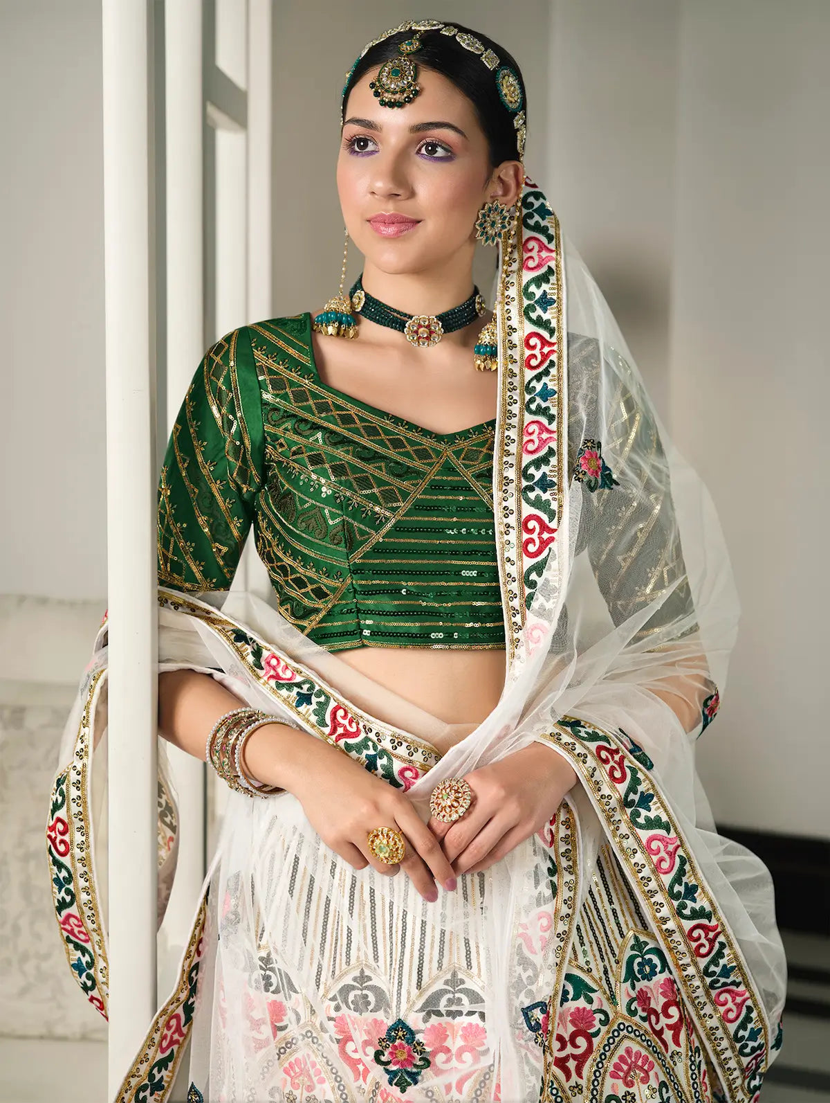 White-Green Silk Thread with Sequence Embroidery Work Lehenga Choli