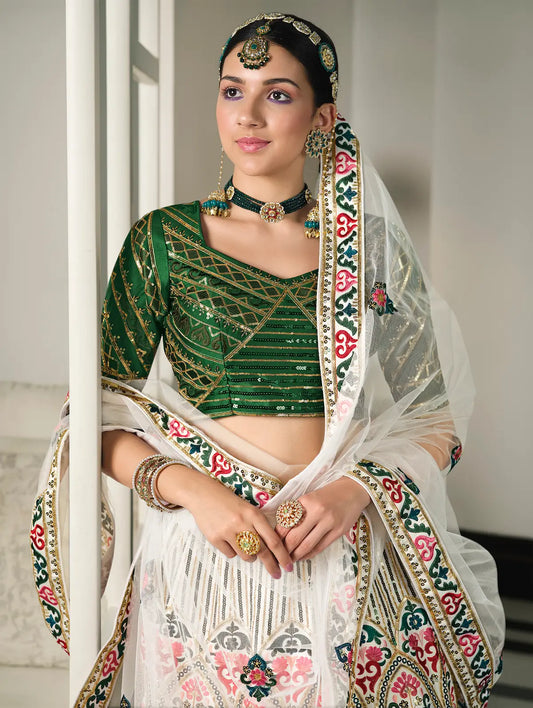 White-Green Silk Thread with Sequence Embroidery Work Lehenga Choli