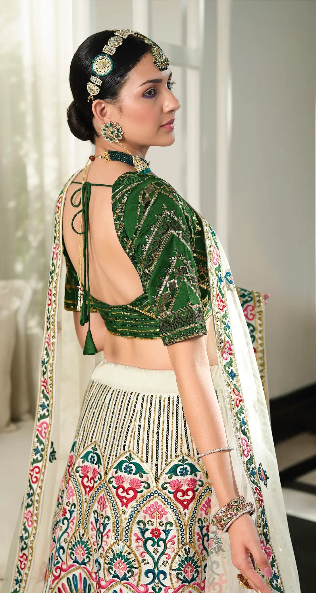 White-Green Silk Thread with Sequence Embroidery Work Lehenga Choli