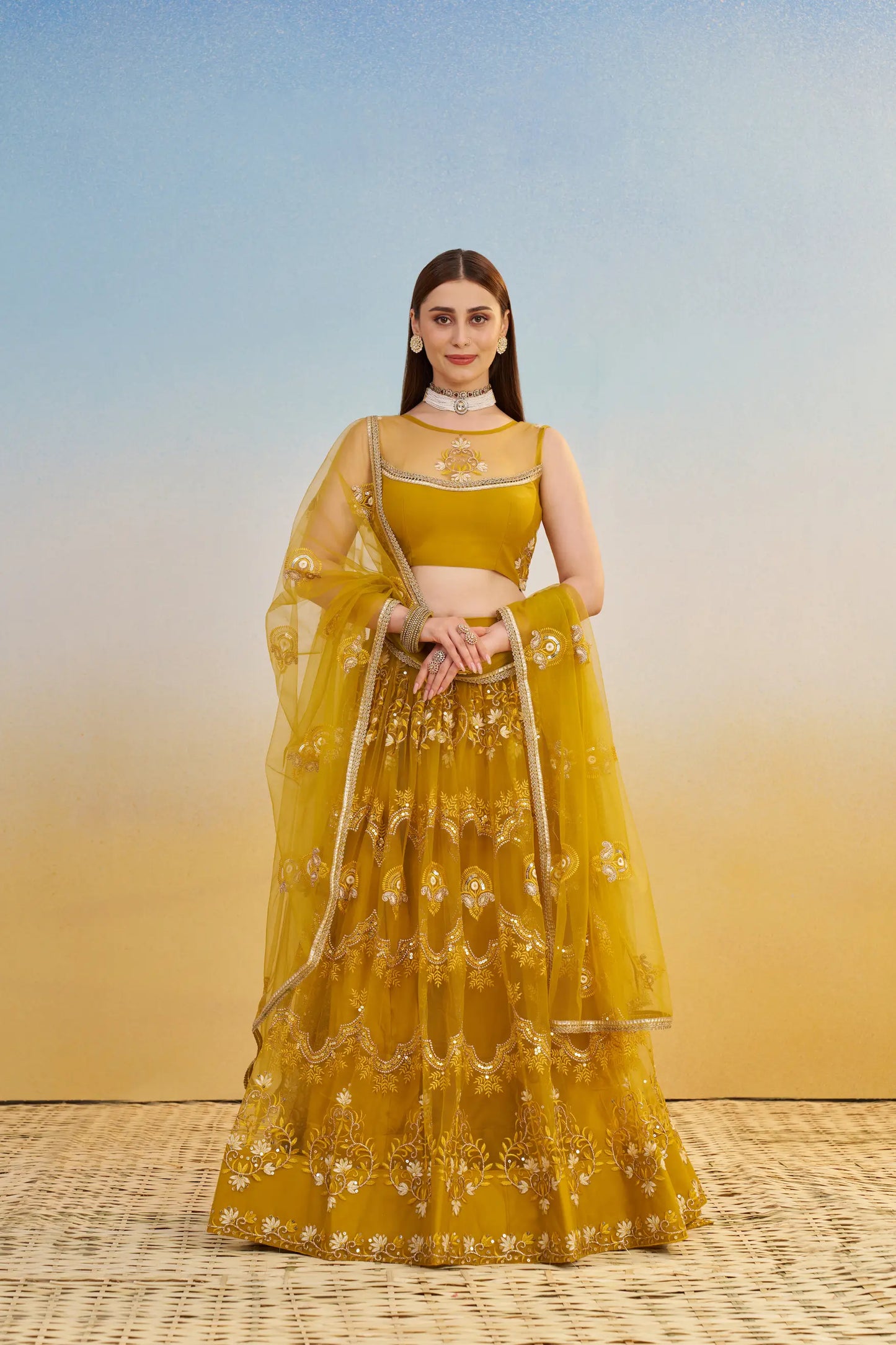 Yellow Net Lehenga Choli With Thread & Sequins Embroidery Work