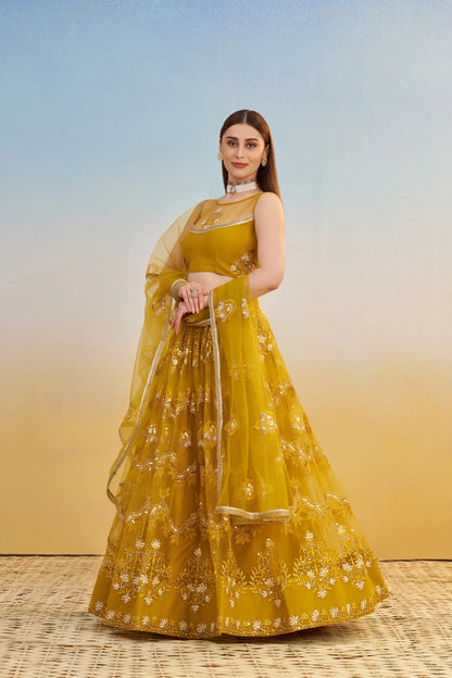 Yellow Net Lehenga Choli With Thread & Sequins Embroidery Work
