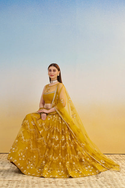 Yellow Net Lehenga Choli With Thread & Sequins Embroidery Work