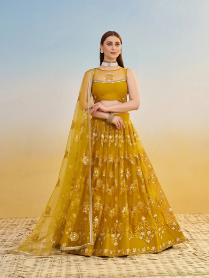 Yellow Net Lehenga Choli With Thread & Sequins Embroidery Work