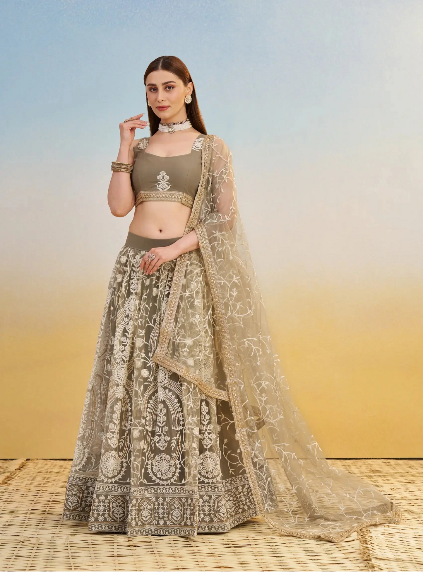 Dark Beige Net Lehenga Choli With Thread & Sequins Embroidery Work
