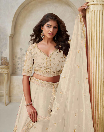 Elegant Beige Wedding Lehenga With Leaf Embroidery