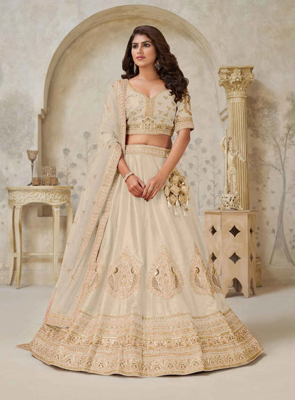 Elegant Beige Wedding Lehenga With Leaf Embroidery