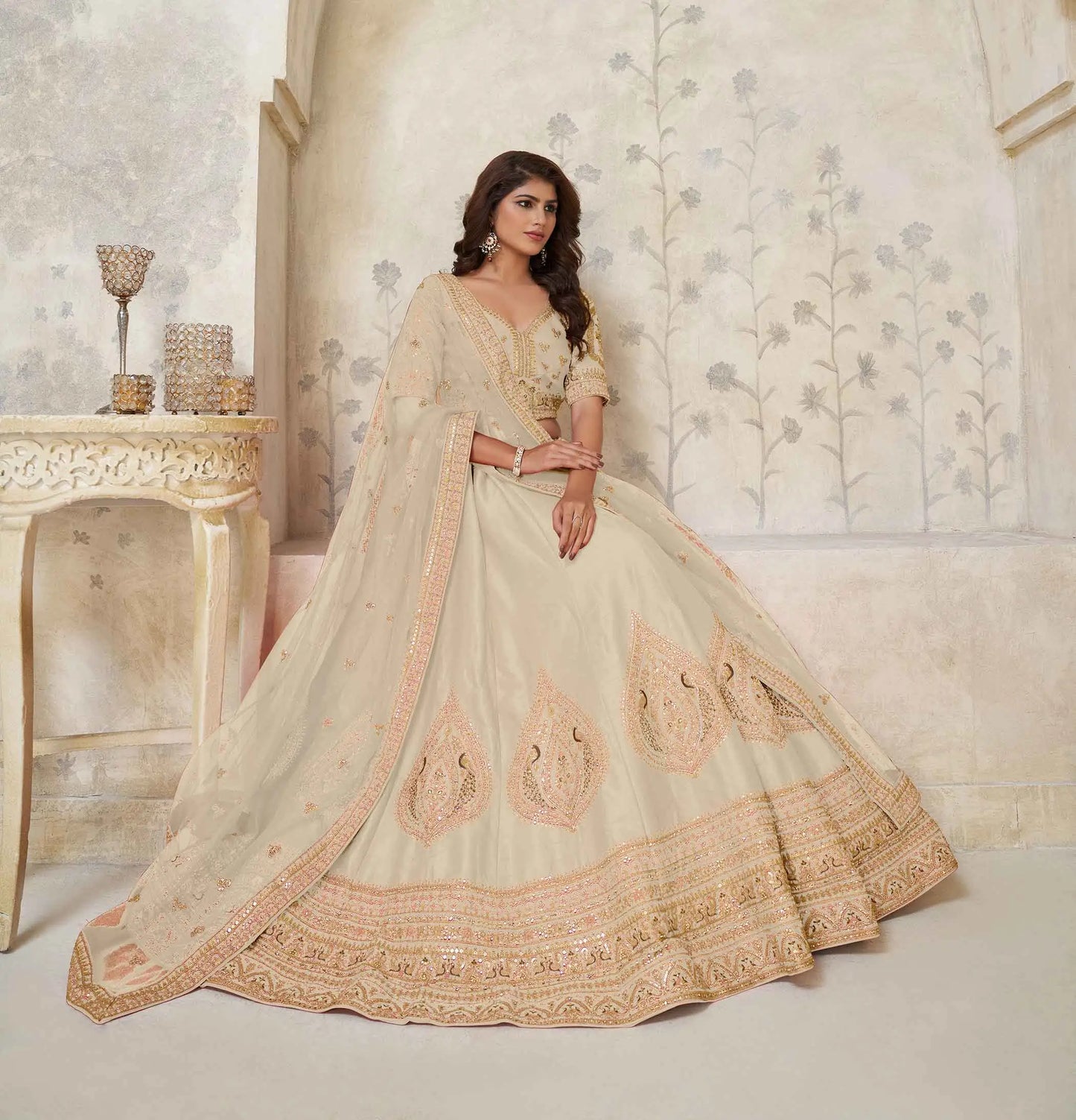 Elegant Beige Wedding Lehenga With Leaf Embroidery