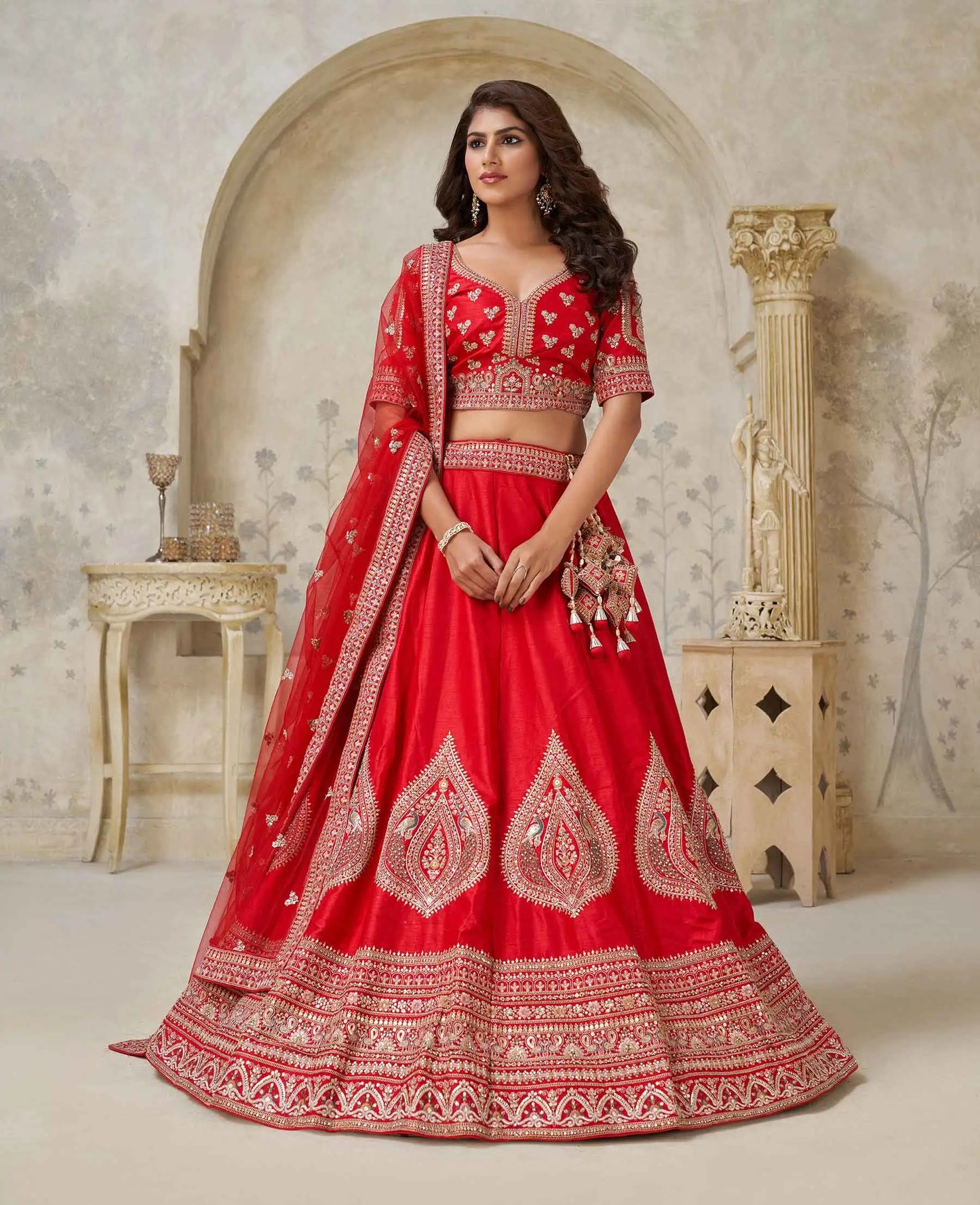 Red Wedding Silk Lehenga With Leaf Embroidery