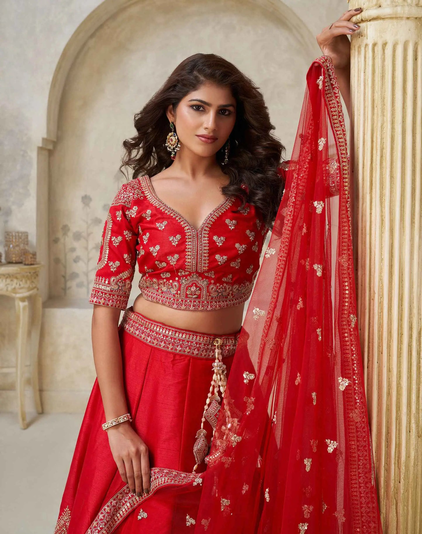 Red Wedding Silk Lehenga With Leaf Embroidery
