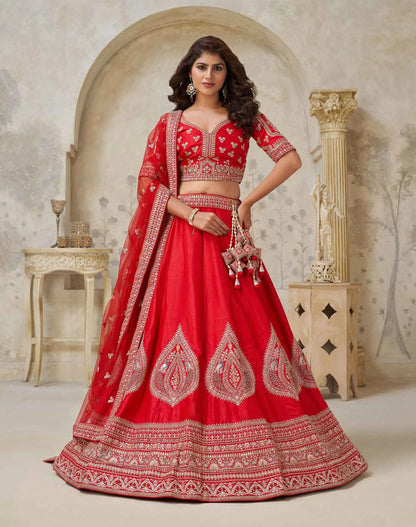 Red Wedding Silk Lehenga With Leaf Embroidery