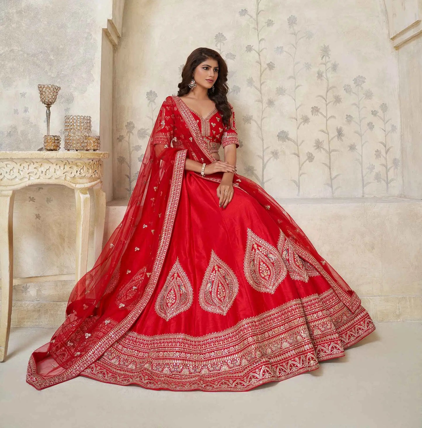 Red Wedding Silk Lehenga With Leaf Embroidery
