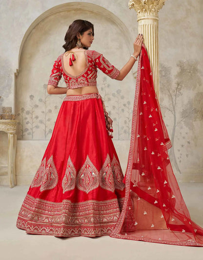 Red Wedding Silk Lehenga With Leaf Embroidery
