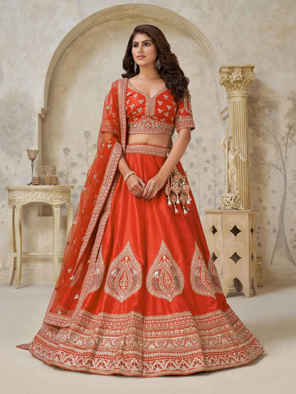 Trendy Rust Leaf Embroidery Wedding Lehenga