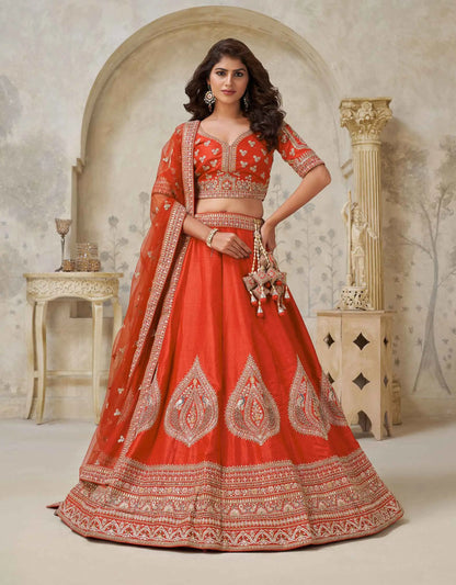 Trendy Rust Leaf Embroidery Wedding Lehenga
