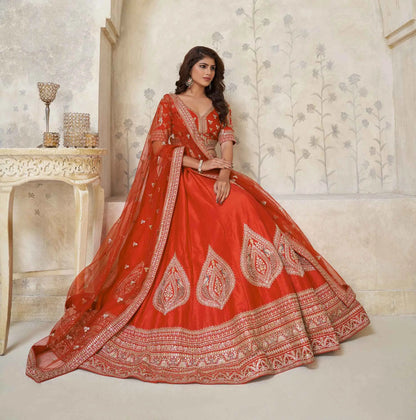 Trendy Rust Leaf Embroidery Wedding Lehenga