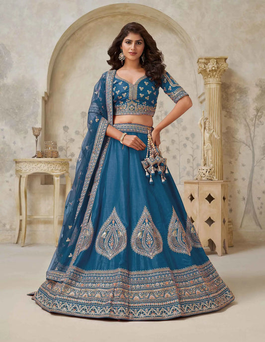 Teal Blue Elegant Wedding lehenga With Zari Work