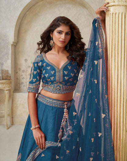 Teal Blue Elegant Wedding lehenga With Zari Work