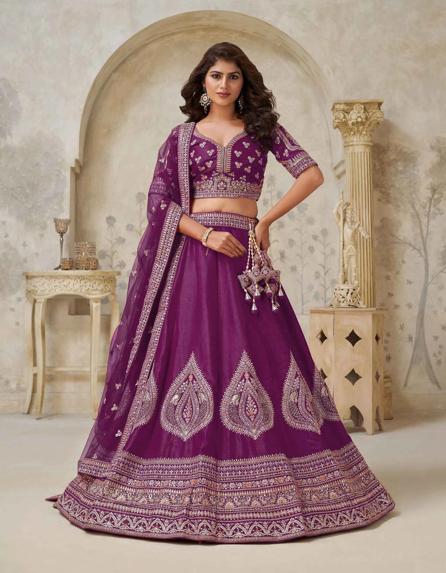 Wine Wedding Lehenga With Leaf Motifs