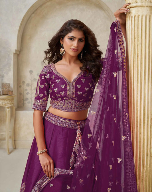 Wine Wedding Lehenga With Leaf Motifs