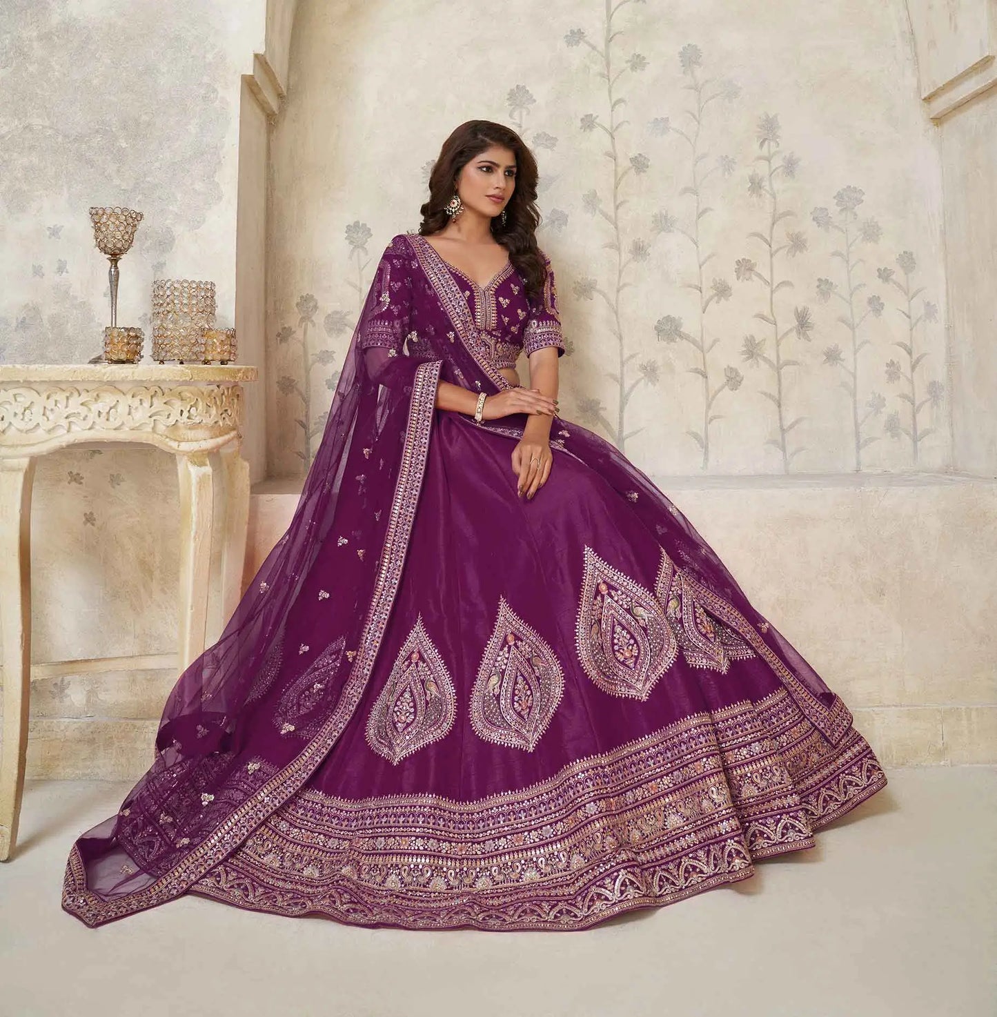 Wine Wedding Lehenga With Leaf Motifs