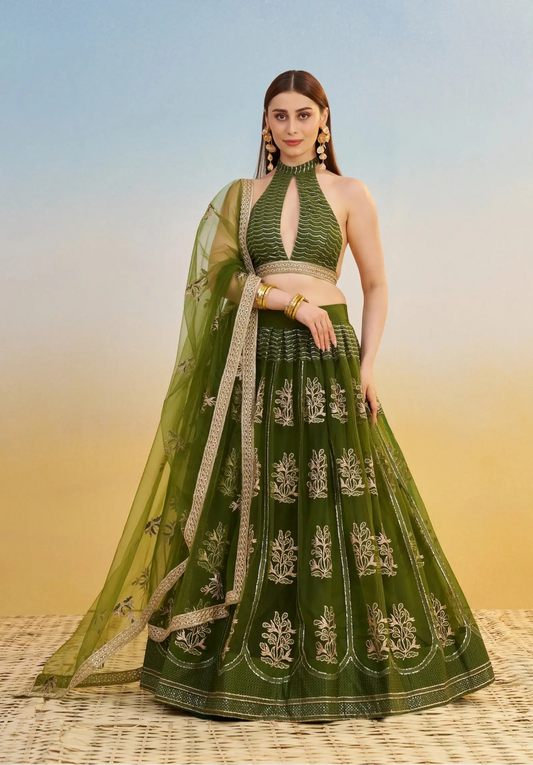 Olive Green Net Lehenga Choli With Thread & Sequins Embroidery Work