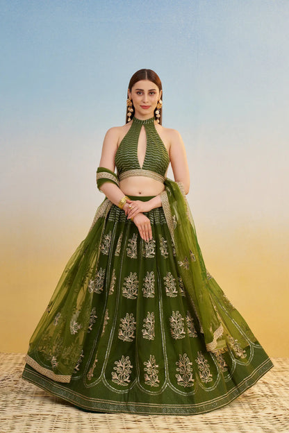 Olive Green Net Lehenga Choli With Thread & Sequins Embroidery Work