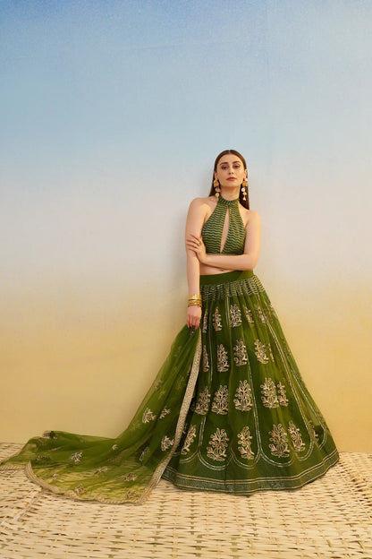Olive Green Net Lehenga Choli With Thread & Sequins Embroidery Work