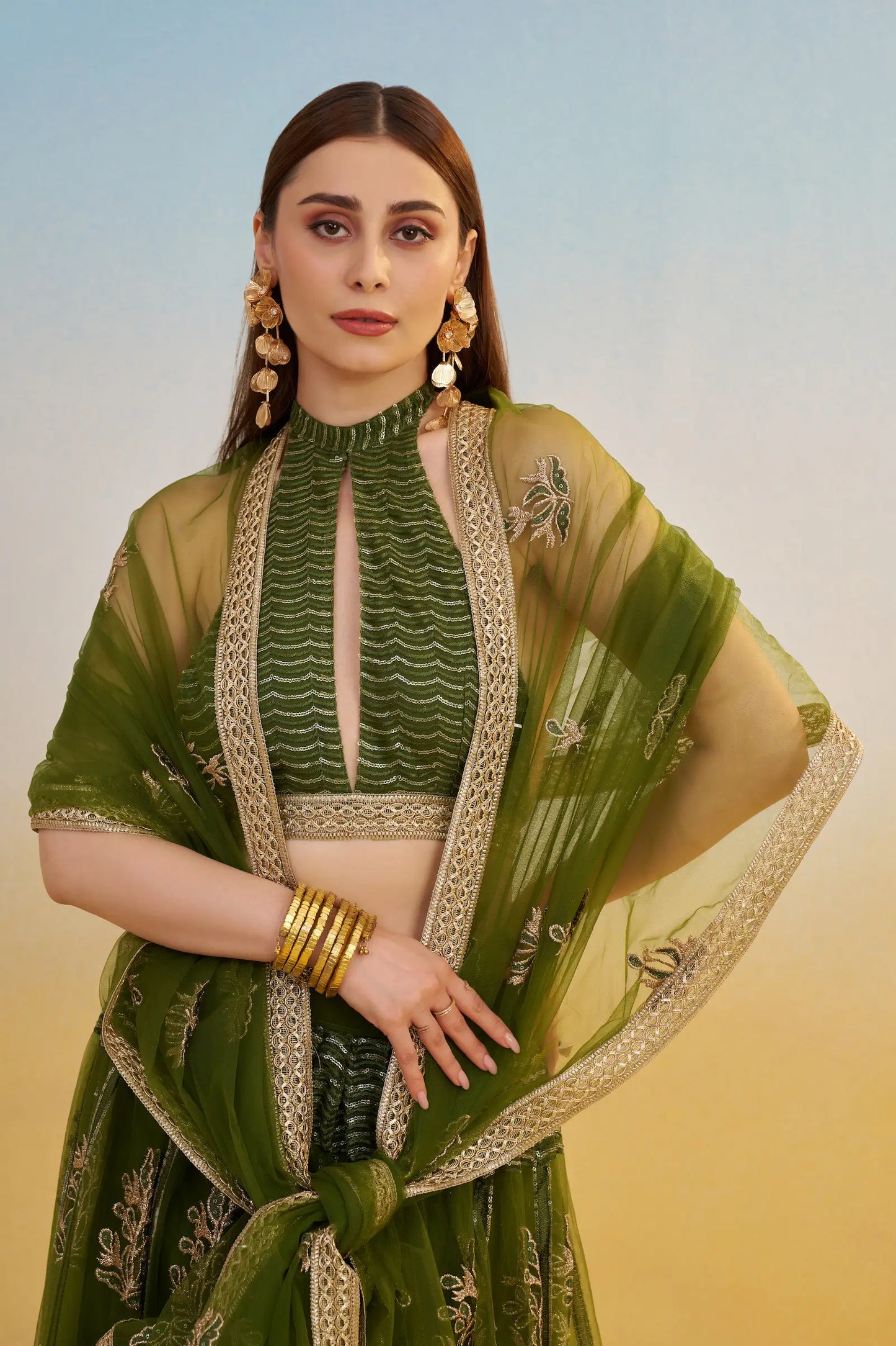 Olive Green Net Lehenga Choli With Thread & Sequins Embroidery Work