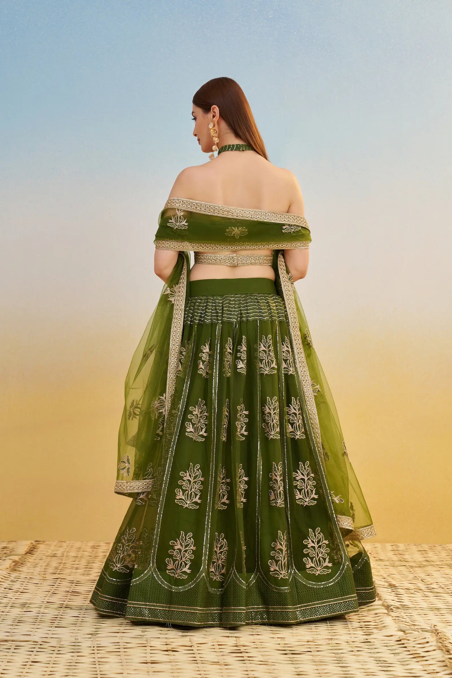 Olive Green Net Lehenga Choli With Thread & Sequins Embroidery Work