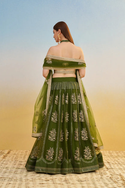 Olive Green Net Lehenga Choli With Thread & Sequins Embroidery Work