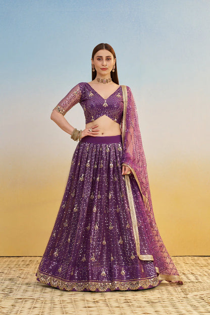 Dark Purple Net Lehenga Choli With Thread & Sequins Embroidery Work