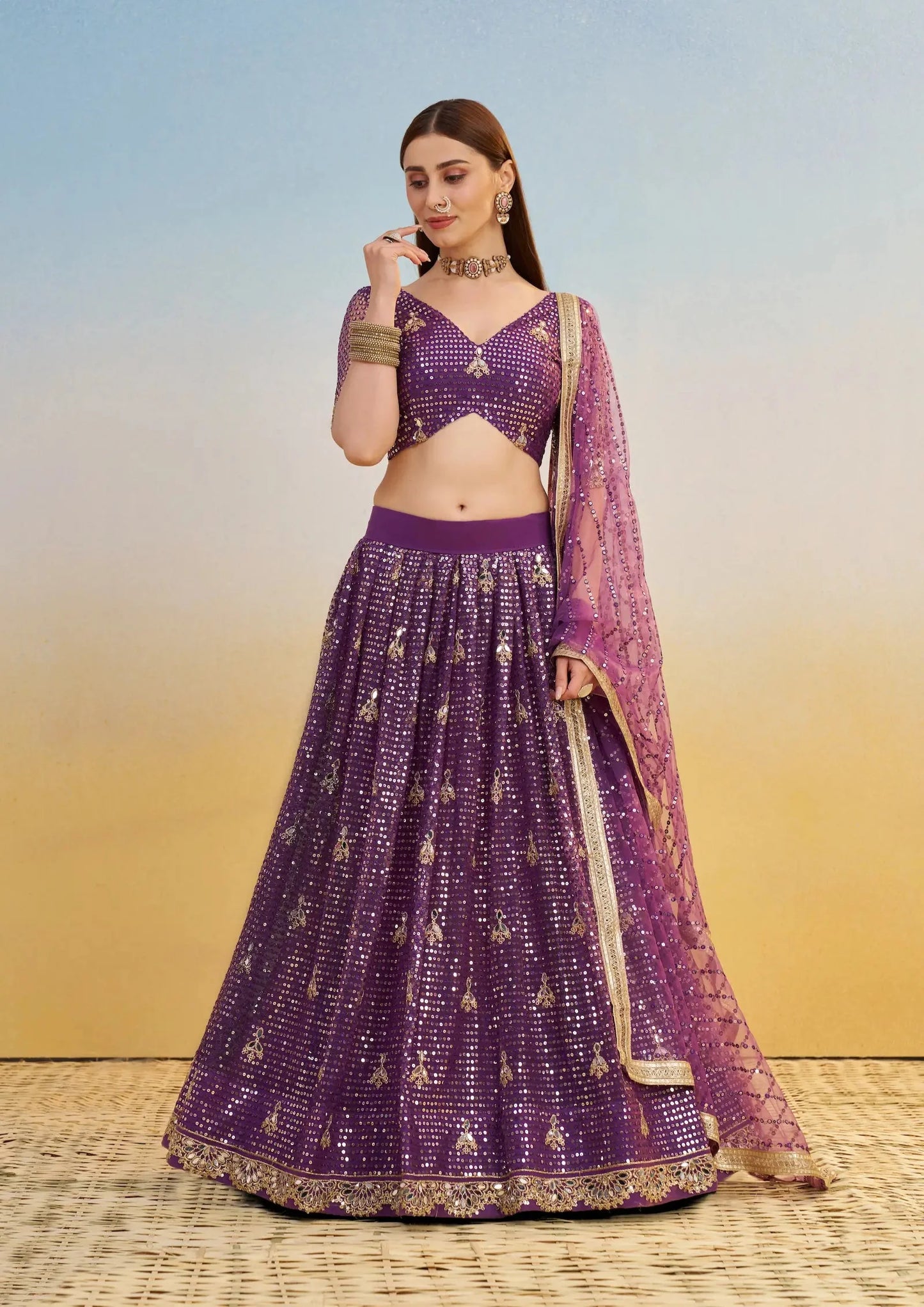 Dark Purple Net Lehenga Choli With Thread & Sequins Embroidery Work