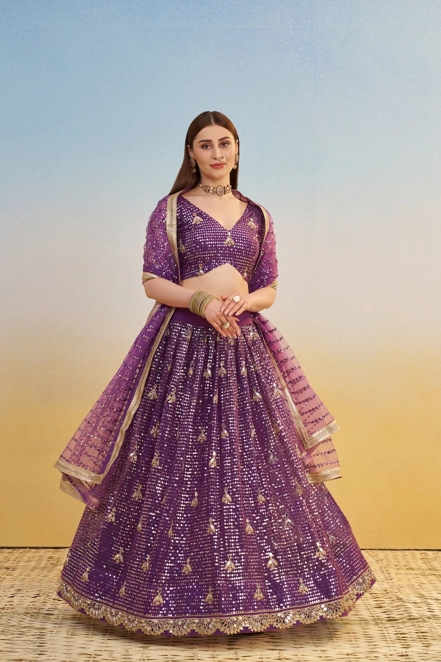 Dark Purple Net Lehenga Choli With Thread & Sequins Embroidery Work