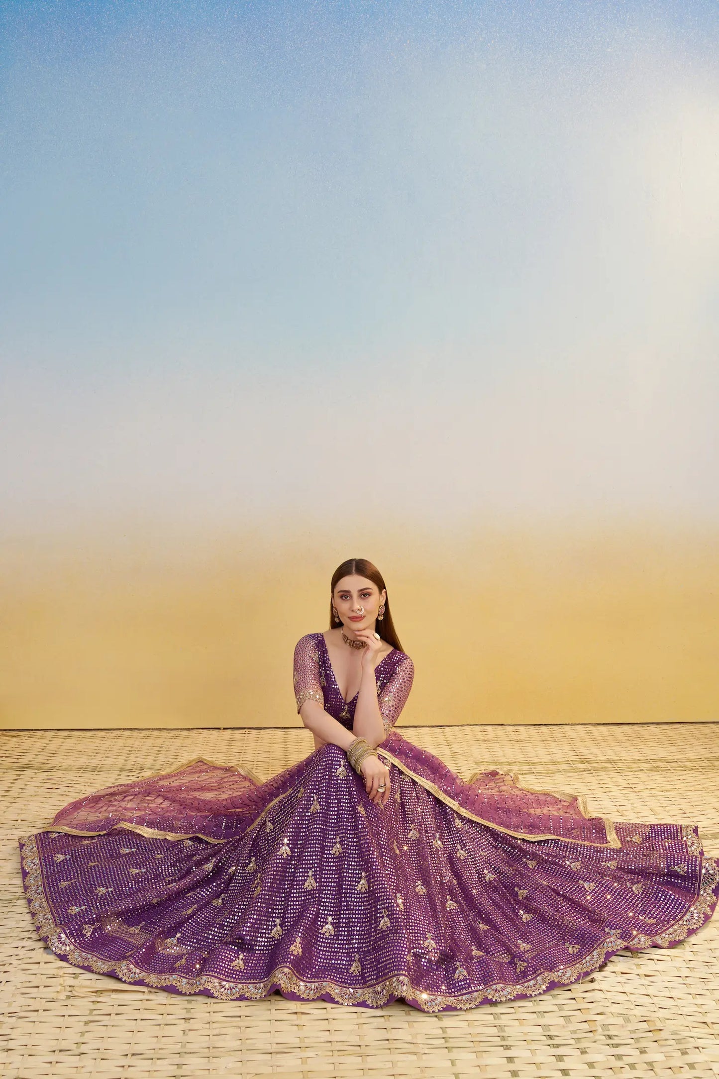 Dark Purple Net Lehenga Choli With Thread & Sequins Embroidery Work