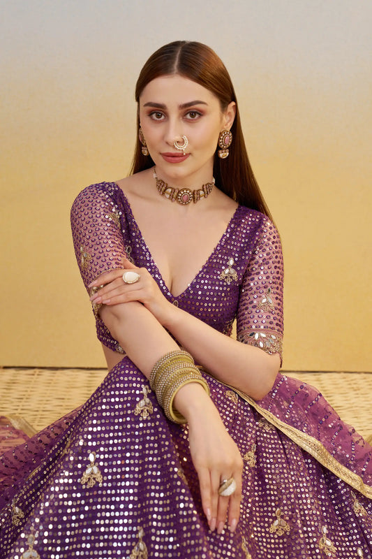 Dark Purple Net Lehenga Choli With Thread & Sequins Embroidery Work