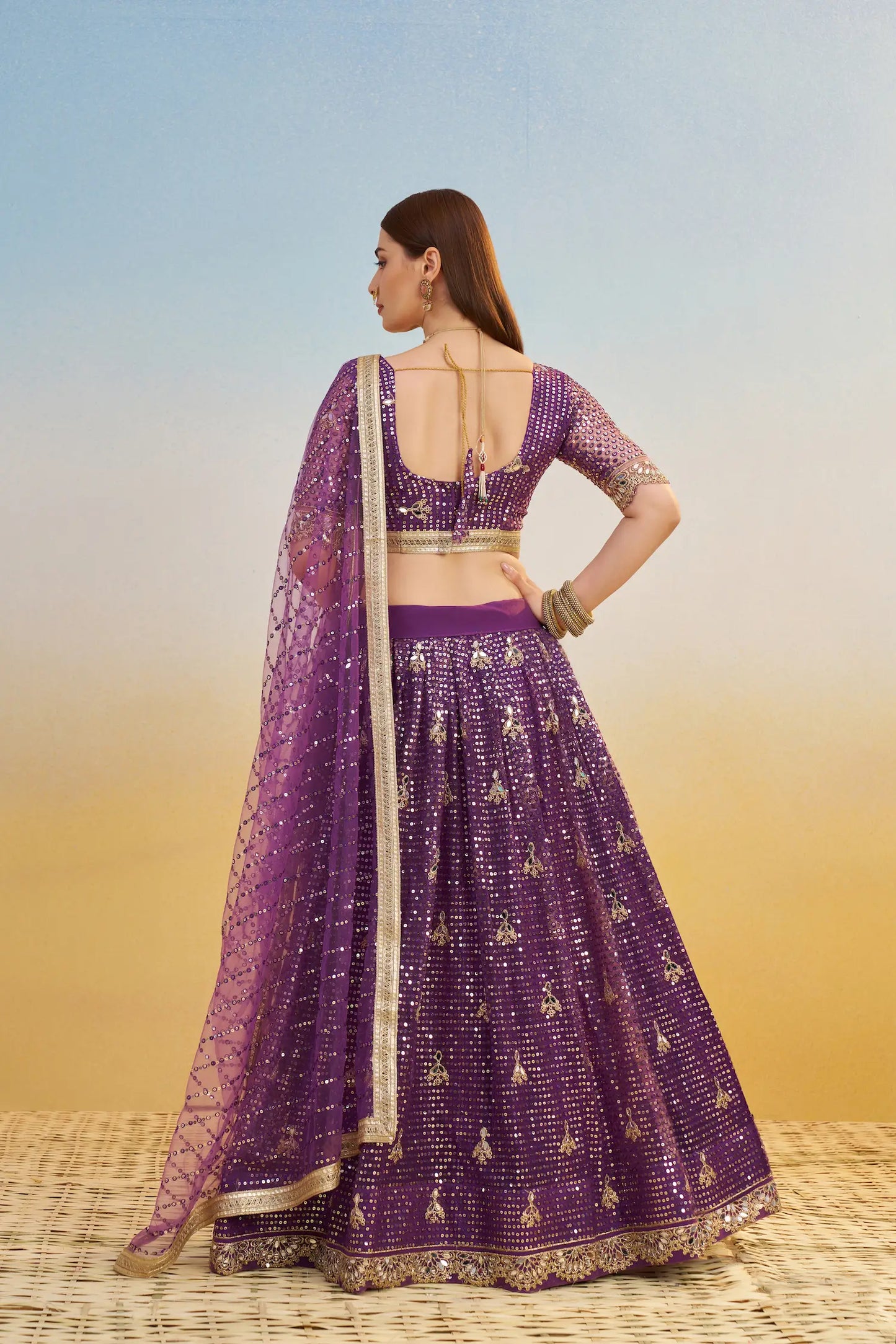Dark Purple Net Lehenga Choli With Thread & Sequins Embroidery Work