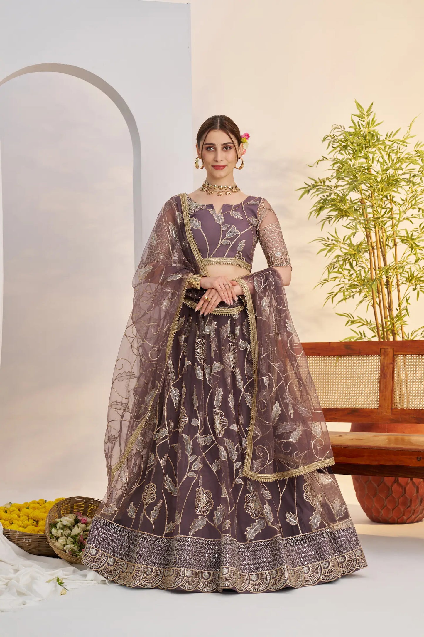 Dark Onion Net Lehenga Choli With Embroidery Work