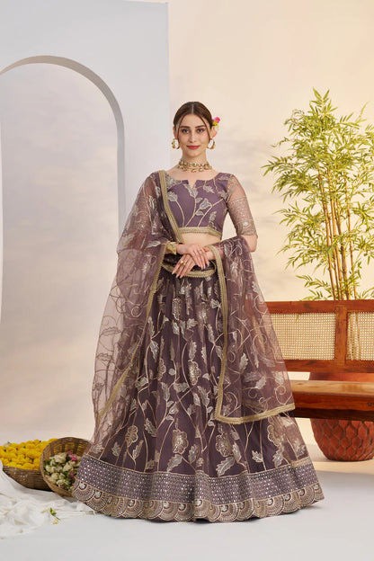 Dark Onion Net Lehenga Choli With Embroidery Work